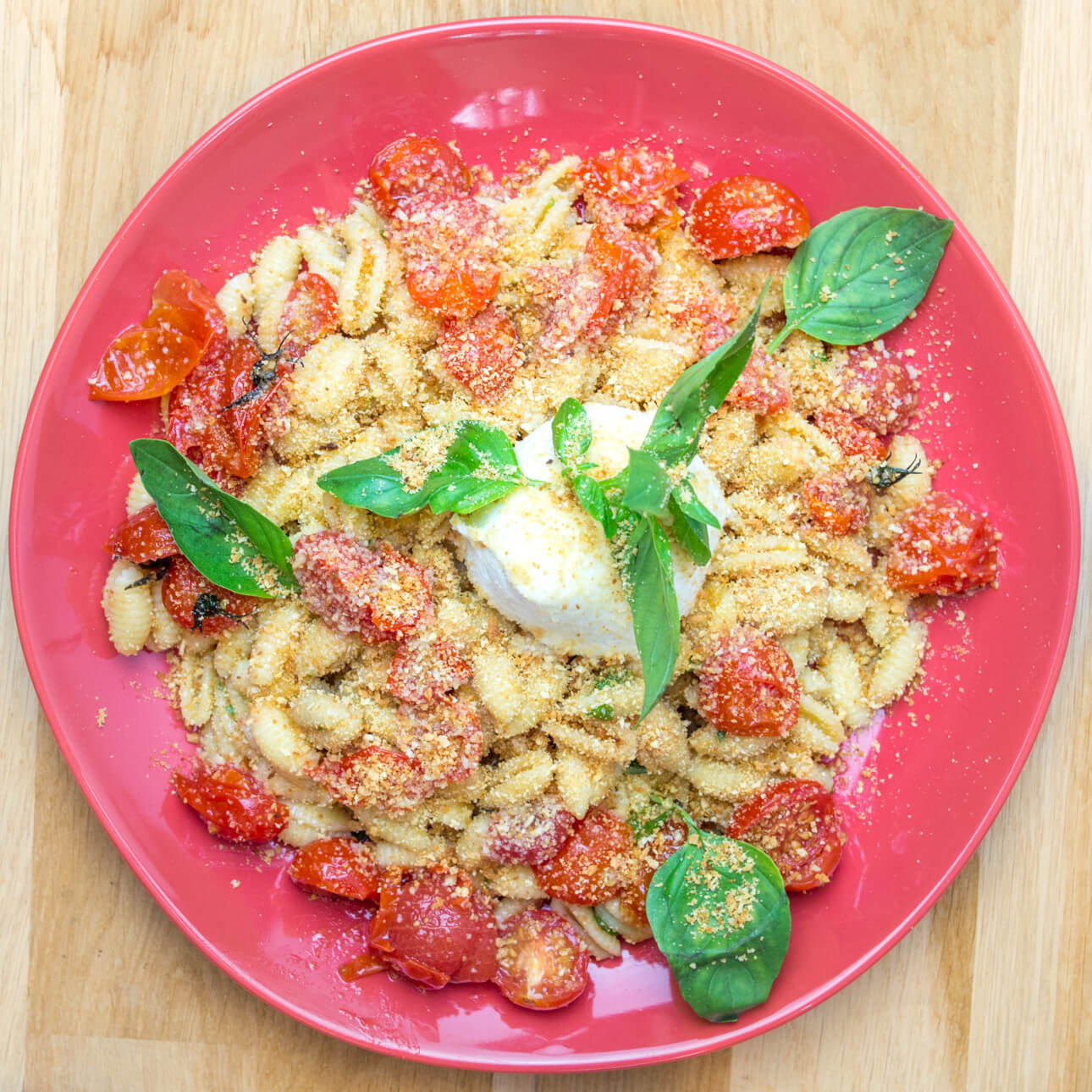 Gnochetti sardi aux tomates cerises rôties, mozzarella di bufala AOP et pangritana