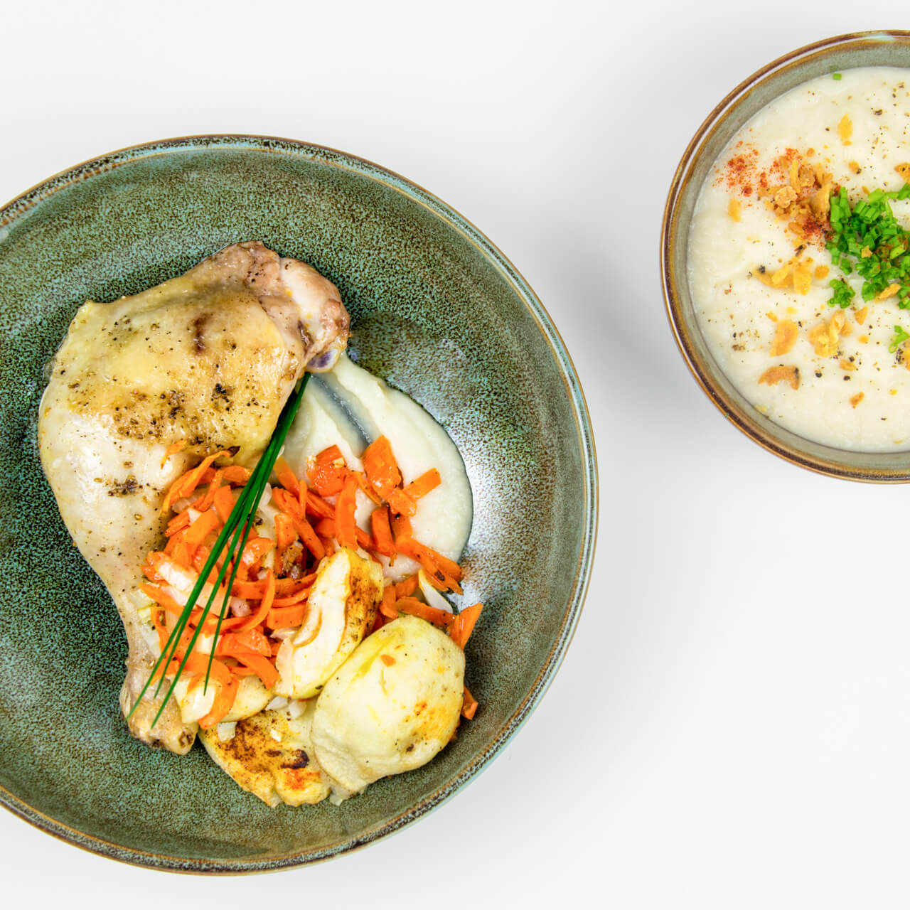 Cuisse de poulet à la normande, velouté de céleri rave